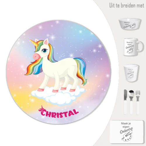 kinderservies met naam en unicorn