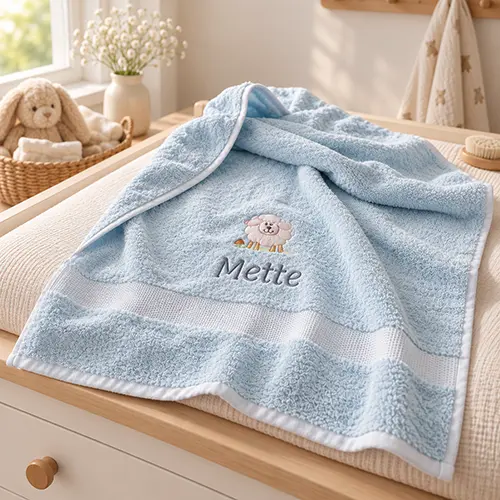 handdoek met naam lichtblauw en geborduurd schaapje